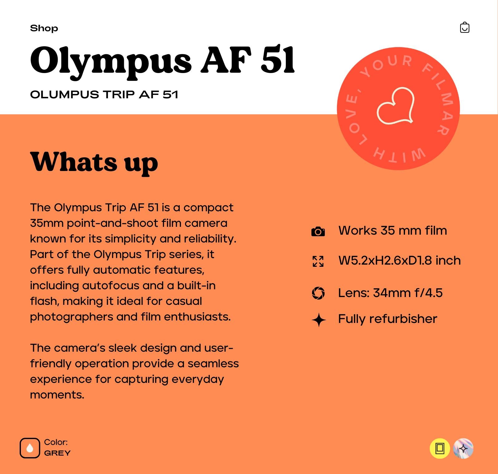 Olympus Trip AF 51 35mm Film Camera Compact Point-and-Shoot with Autofocus, Built-In Flash, and Automatic Features for Easy Film Photography - Vintage Polaroid Instant Cameras