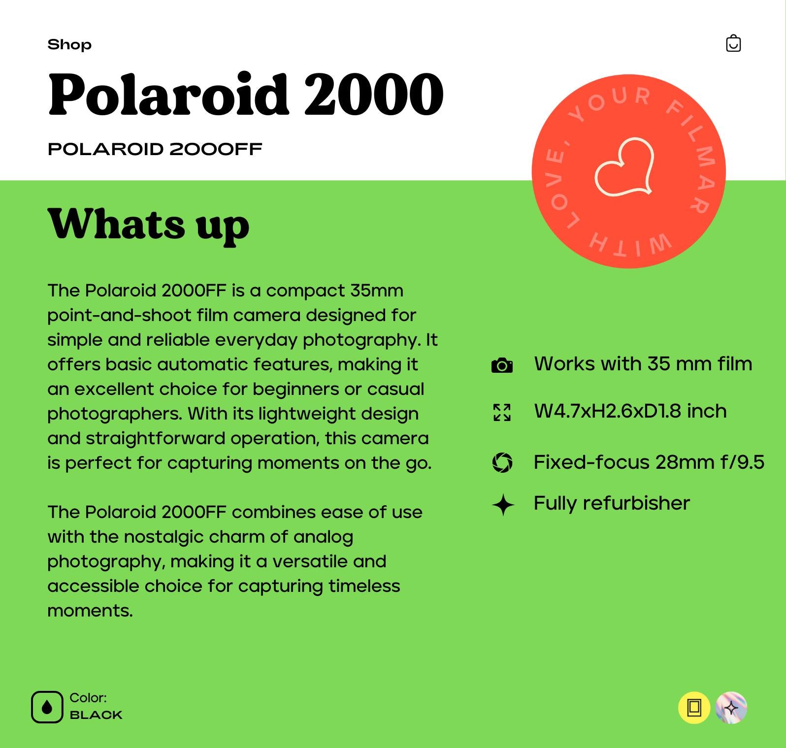 Polaroid 2000FF 35mm Film Camera - Vintage Point-and-Shoot Camera with Built-In Flash, Compact and Lightweight Retro Photography Gear - Vintage Polaroid Instant Cameras