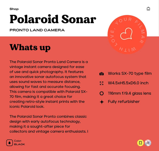 Polaroid Sonar Pronto Land Camera - Vintage Instant Camera with Sonar Autofocus, Manual Controls SX-70 Film Compatibility Retro Photography