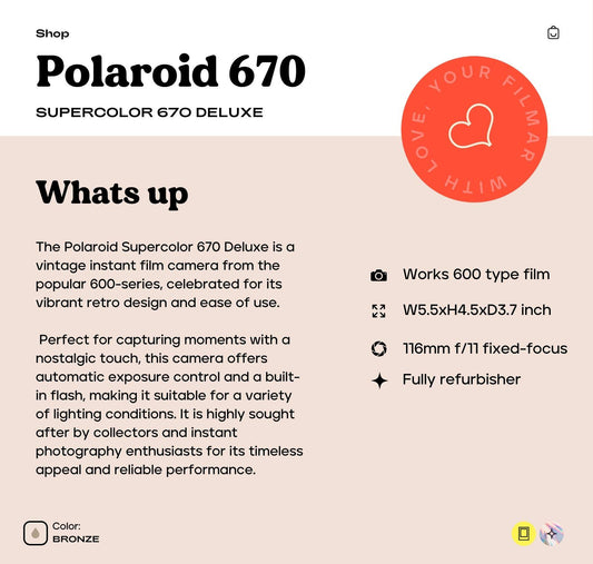 Polaroid Supercolor 670 Deluxe Instant Camera - Vintage 600 Series with Built-In Flash, Manual Exposure Control, Perfect Retro Photography