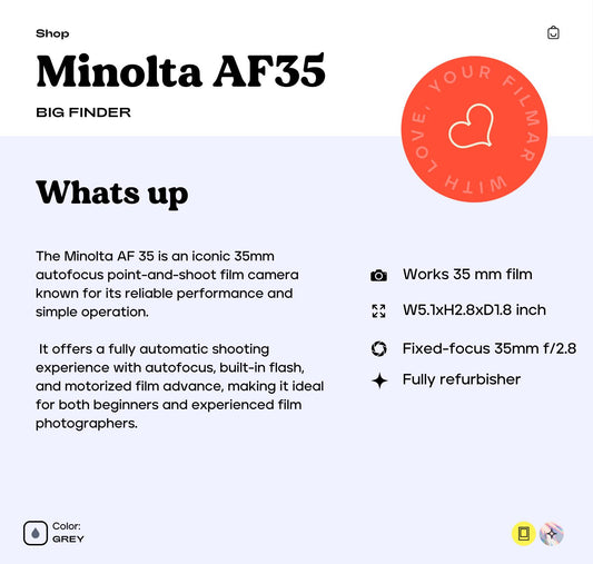 Minolta AF 35 35mm Film Camera - Classic Point-and-Shoot with Autofocus, Built-In Flash, and Motorized Film Advance for Vintage Photography