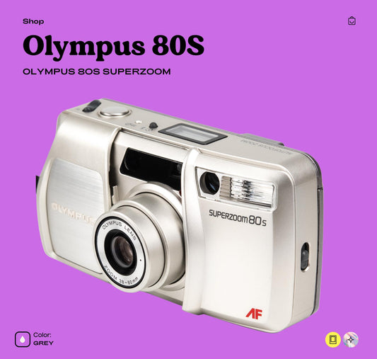 35-міліметрова плівкова фотокамера Olympus Superzoom 80s - автофокус, наведення й зйомка, об’єктив зі змінною фокусною відстанню 38-80 мм, вбудований спалах, ідеально підходить для вінтажної фотографії