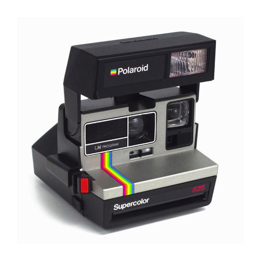 Polaroid 635 supercolor instant print camera - vintage silver grey with rainbow stripe, refurbished instant photography camera