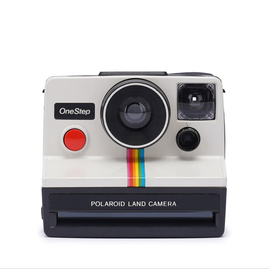 Vintage polaroid onestep classic white rainbow stripe 1000 - iconic instant camera with instagram logo connection - sx-70 film