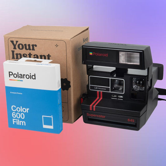 Polaroid Supercolor 645 – Black Body Red Stripe – Vintage 600 Instant Camera, Custom Text Option, Refurbished & Tested