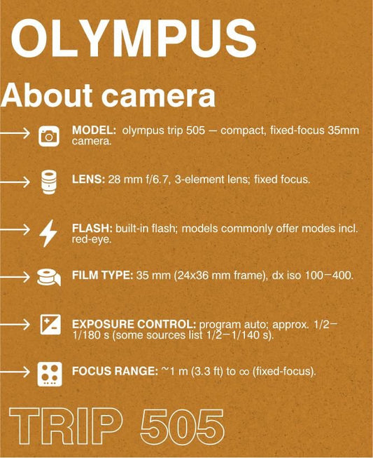 Olympus Trip 505 — 35mm Point-and-Shoot Film Camera, 28mm f/6.7 Focus-Free Lens, Built-In Flash, Tested