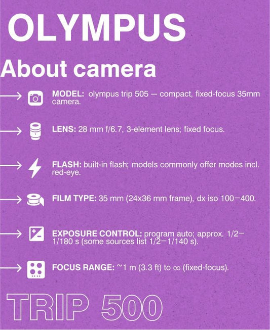 Olympus Trip 500 — 35mm Point-and-Shoot Film Camera, Focus-Free Lens, Built-In Flash, Tested