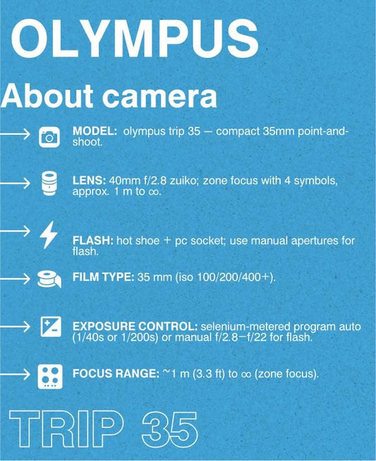 Olympus Trip 35 — 35mm Film Camera, 40mm f/2.8 Zuiko, Battery-Free Meter, Zone Focus, Tested