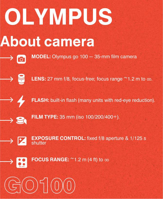Olympus Go 100 — 35mm Point-and-Shoot Film Camera, 27mm f/8 Focus-Free Lens, Built-In Flash, Tested