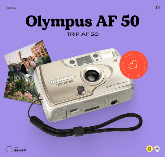 Olympus AF-50 35mm Film Camera – Vintage Point & Shoot Silver Camera with Autofocus, Flash, Tested and Working