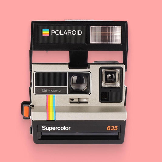 Polaroid 600 type, polaroid supercolor 635 (grey rainbow) — 600 instant film camera, built-in flash, custom print with your text