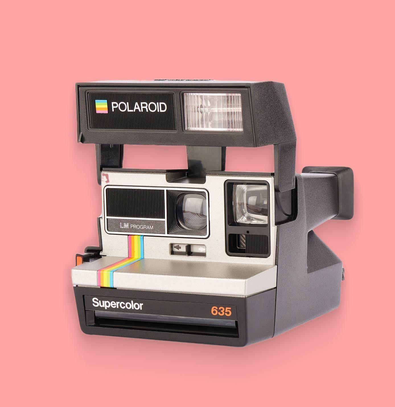 Polaroid 600 type, polaroid supercolor 635 (grey rainbow) — 600 instant film camera, built-in flash, custom print with your text - Vintage Polaroid Instant Cameras