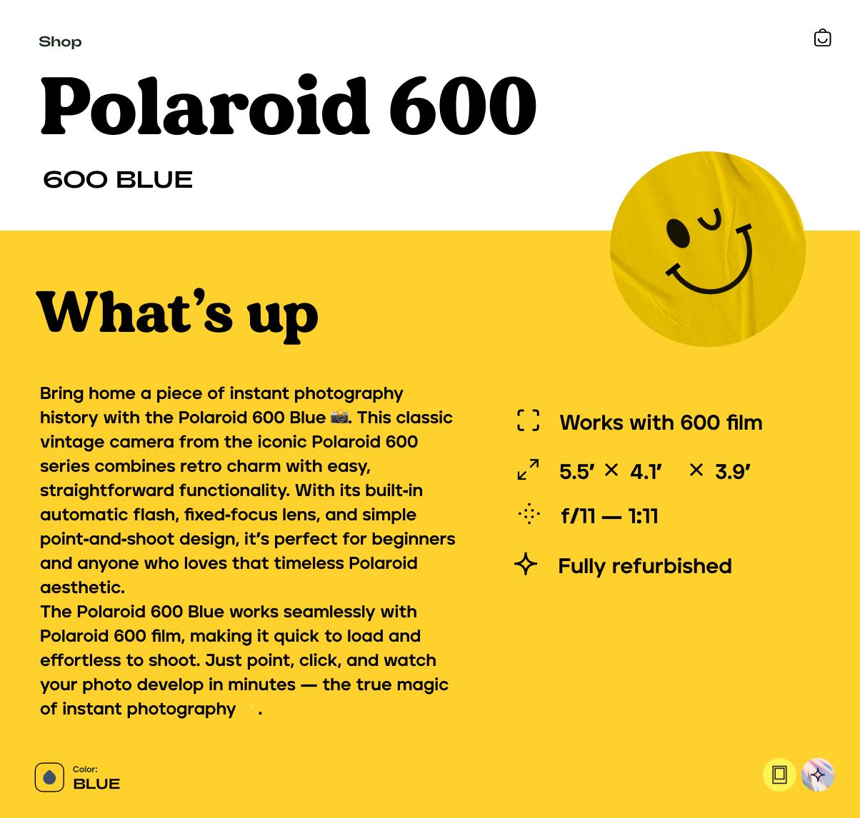 Polaroid 600 Blue, Instant Film Camera, Vintage 600 Series, Built-In Flash, Retro Point & Shoot - Vintage Polaroid Instant Cameras